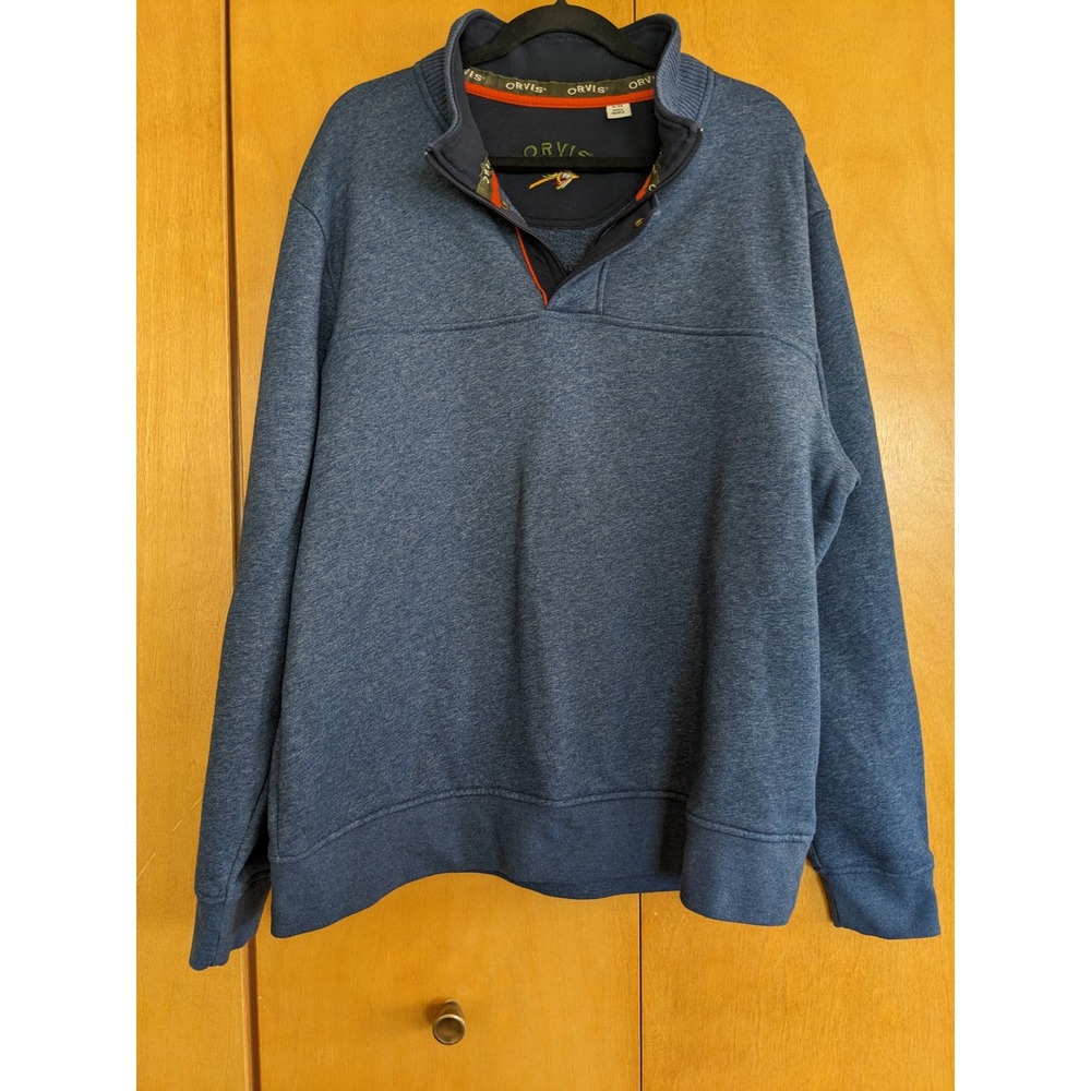 Orvis Mens Blue Heather Quarter-Zip Pullover Sweatshirt XL Mock Neck Snap Button